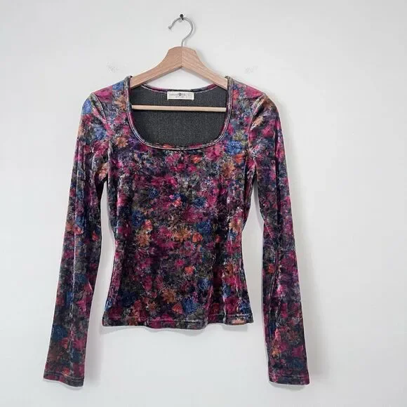 Natural Life Velvet Top Womens S Multicolor Floral Boho Whimsigoth Square Neck - Picture 2 of 6